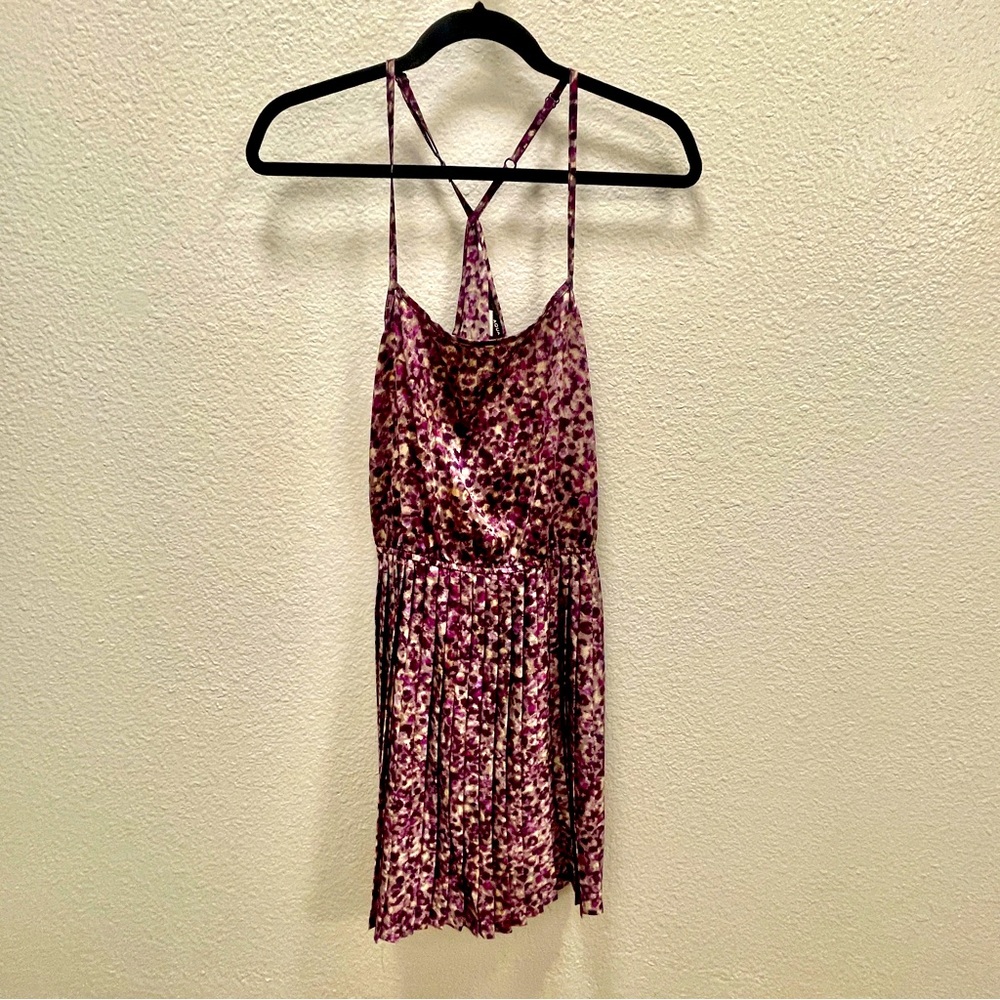 AQUA Spaghetti Strap Fushia White Floral Pattern Pleated Dress